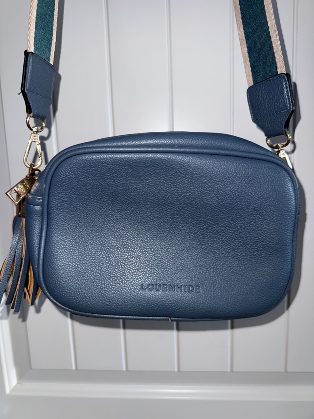 Lounhide Jacinta Blue Pebbled Leather Crossbody Bag with Striped Strap